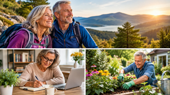 A Couple Hiking in the Mountains, A Lady Working on Her Computer, and A Man Gardening