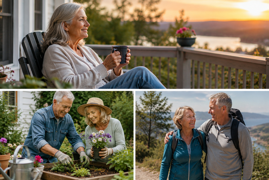 A Lady on a Porch Drinking Coffee, A Couple Gardening, and A Couple Hiking
